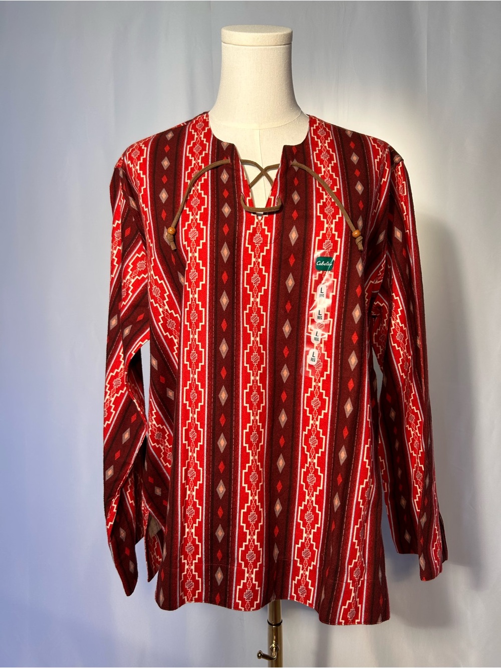 Vintage NWT Cabela's Red & Brown Aztec Print Flannel Long-Sleeve Tunic Unisex
